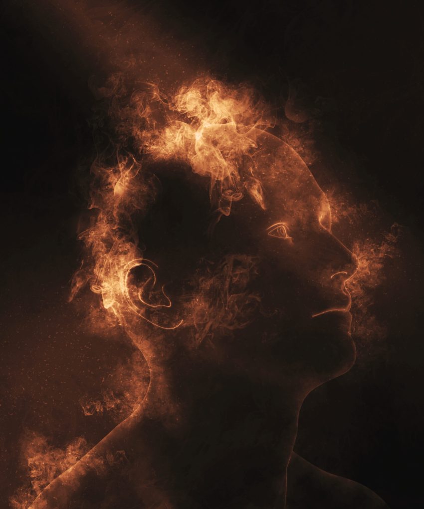 3D render of a male figure with flames on head depicting mental health